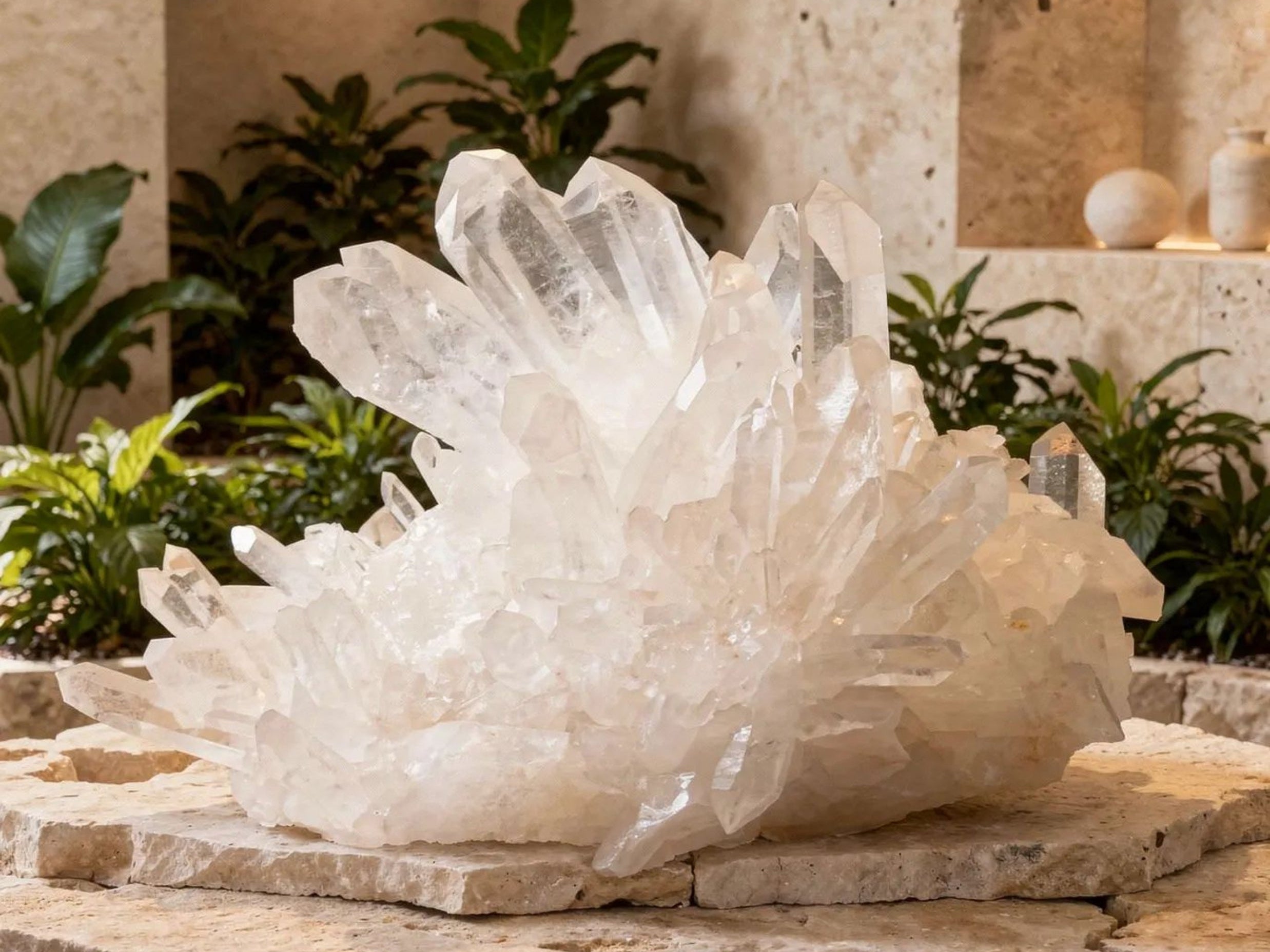 Large clear quartz cluster displayed in a warm stone interior