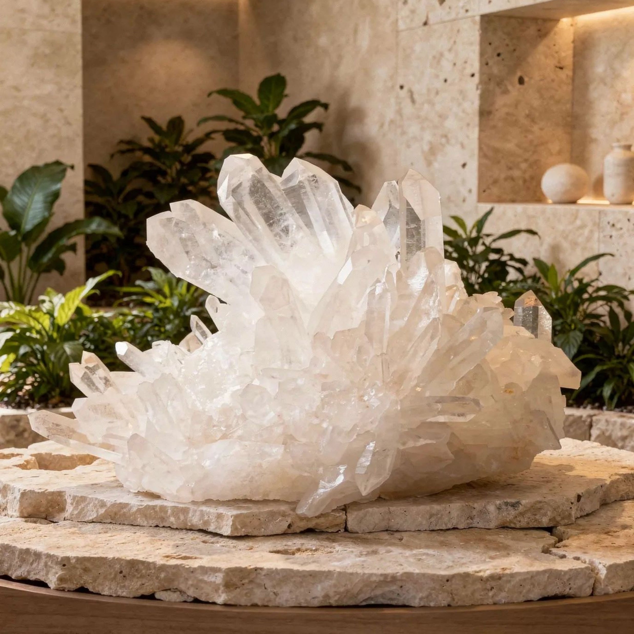 Large clear quartz cluster displayed in a warm stone interior