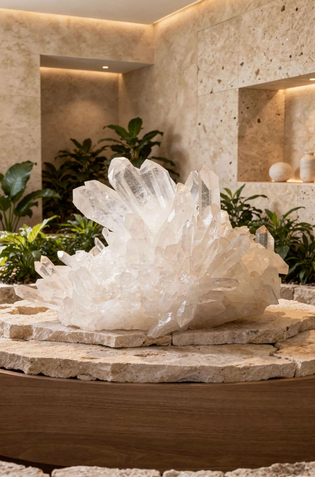 Large clear quartz cluster displayed in a warm stone interior