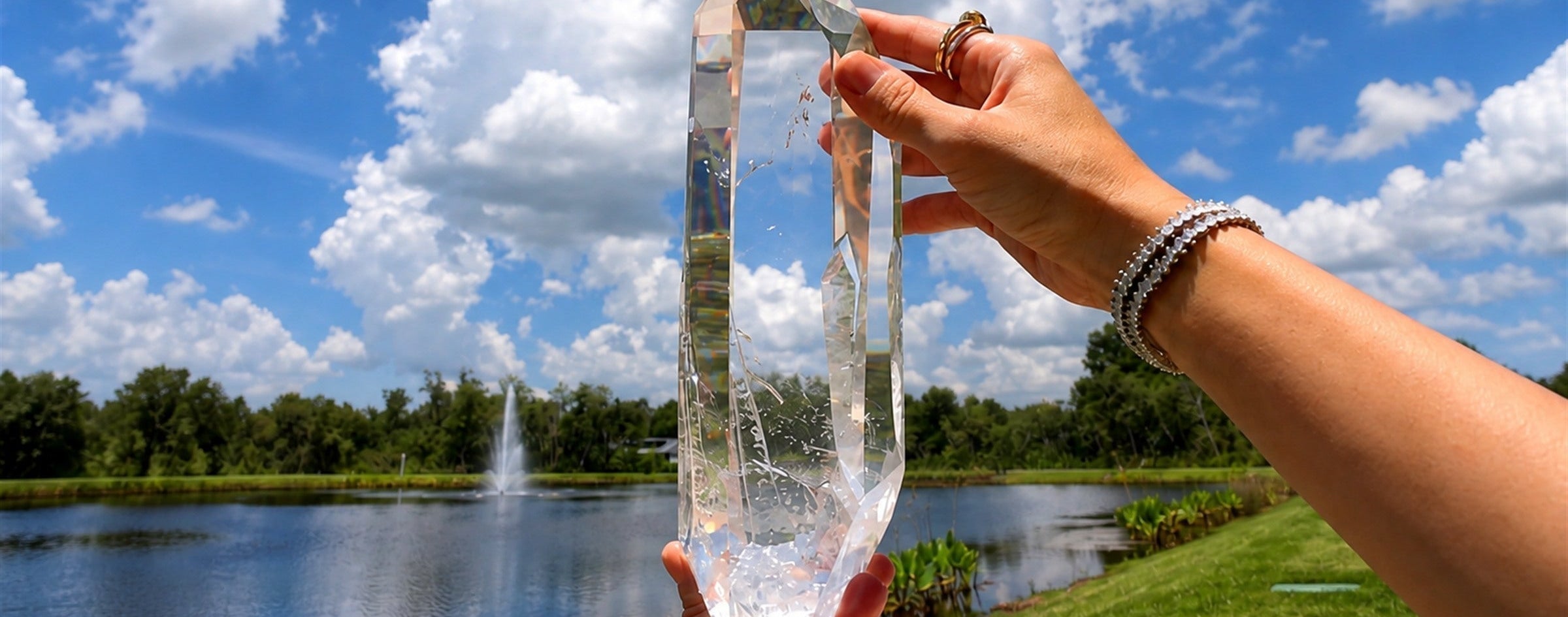 Highly transparent polished Clear Lemurian quartz held beneath a blue sky