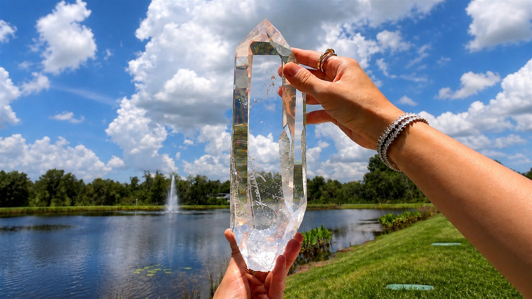 Highly transparent polished Clear Lemurian quartz held beneath a blue sky