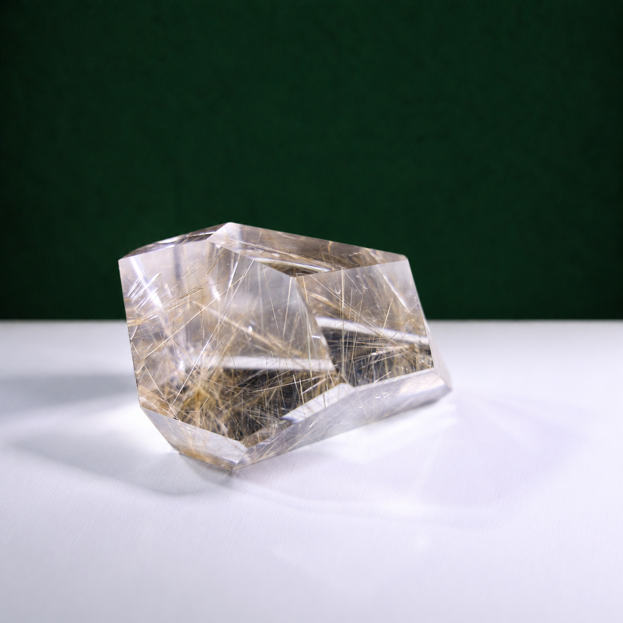 Polished rutilated quartz freeform, 271 g, main view on a white surface with a dark green background.
