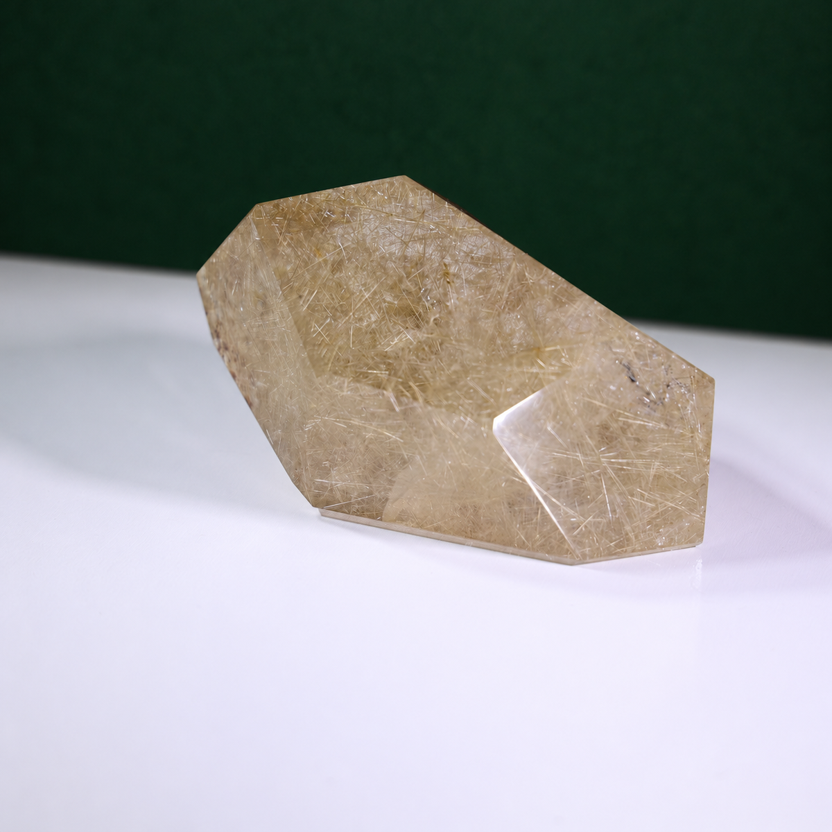 Polished rutilated quartz freeform, 1.258 kg, alternate view 1 showing natural rutile inclusions.