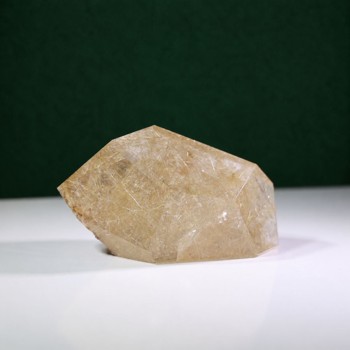 Polished rutilated quartz freeform, 1.258 kg, alternate view 2 showing natural rutile inclusions.