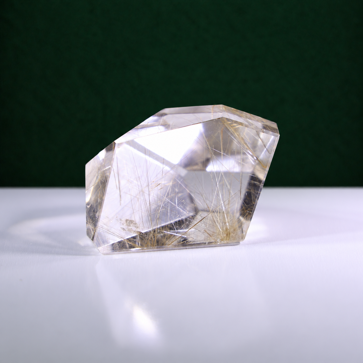 Polished rutilated quartz freeform, 271 g, alternate view 2 showing natural rutile inclusions.
