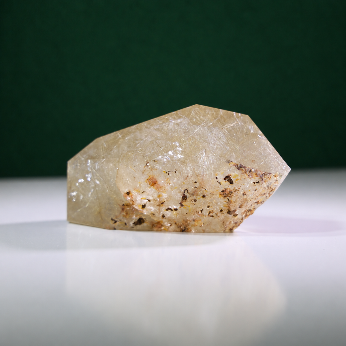 Polished rutilated quartz freeform, 1.258 kg, alternate view 3 showing natural rutile inclusions.