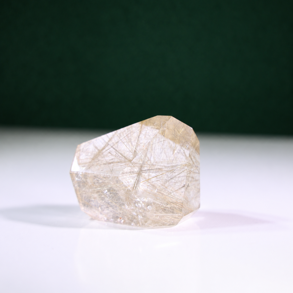Polished rutilated quartz freeform, 223 g, alternate view 4 showing natural rutile inclusions.