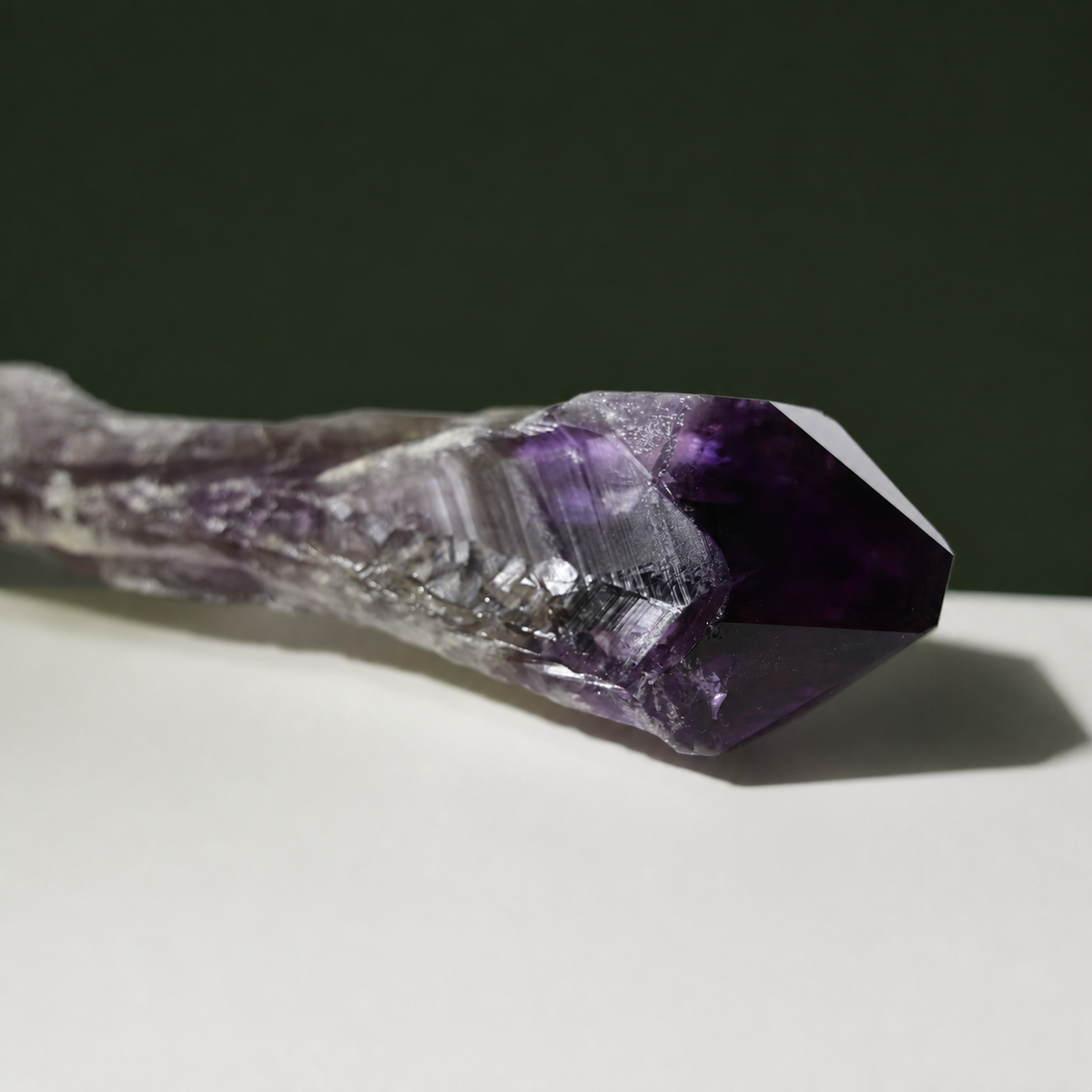 Naturally terminated amethyst wand, horizontal crystal detail