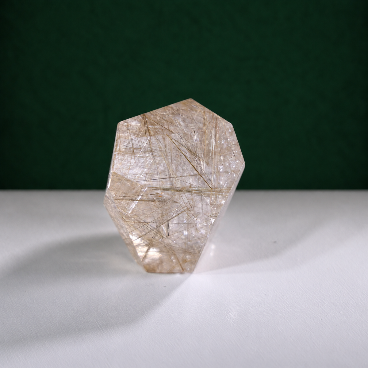 Polished rutilated quartz freeform, 223 g, alternate view 5 showing natural rutile inclusions.
