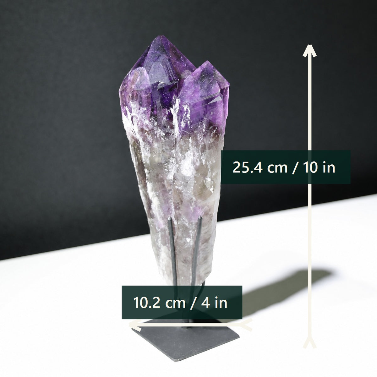 Multi-point amethyst wand dimensions in inches and centimeters