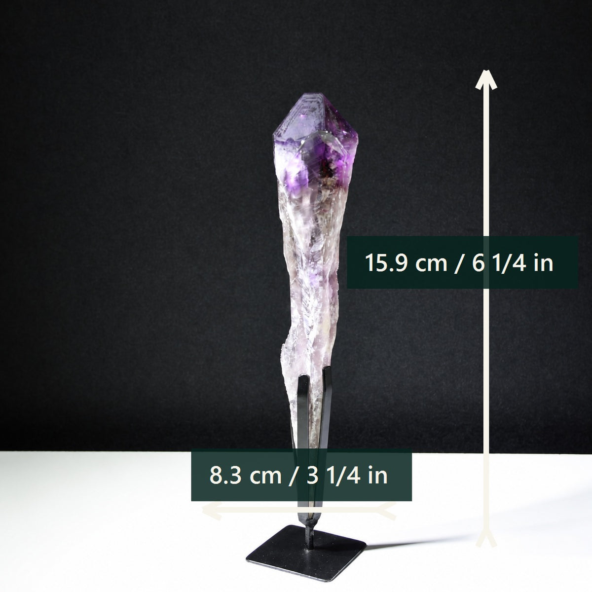 Naturally terminated amethyst wand dimensions in inches and centimeters