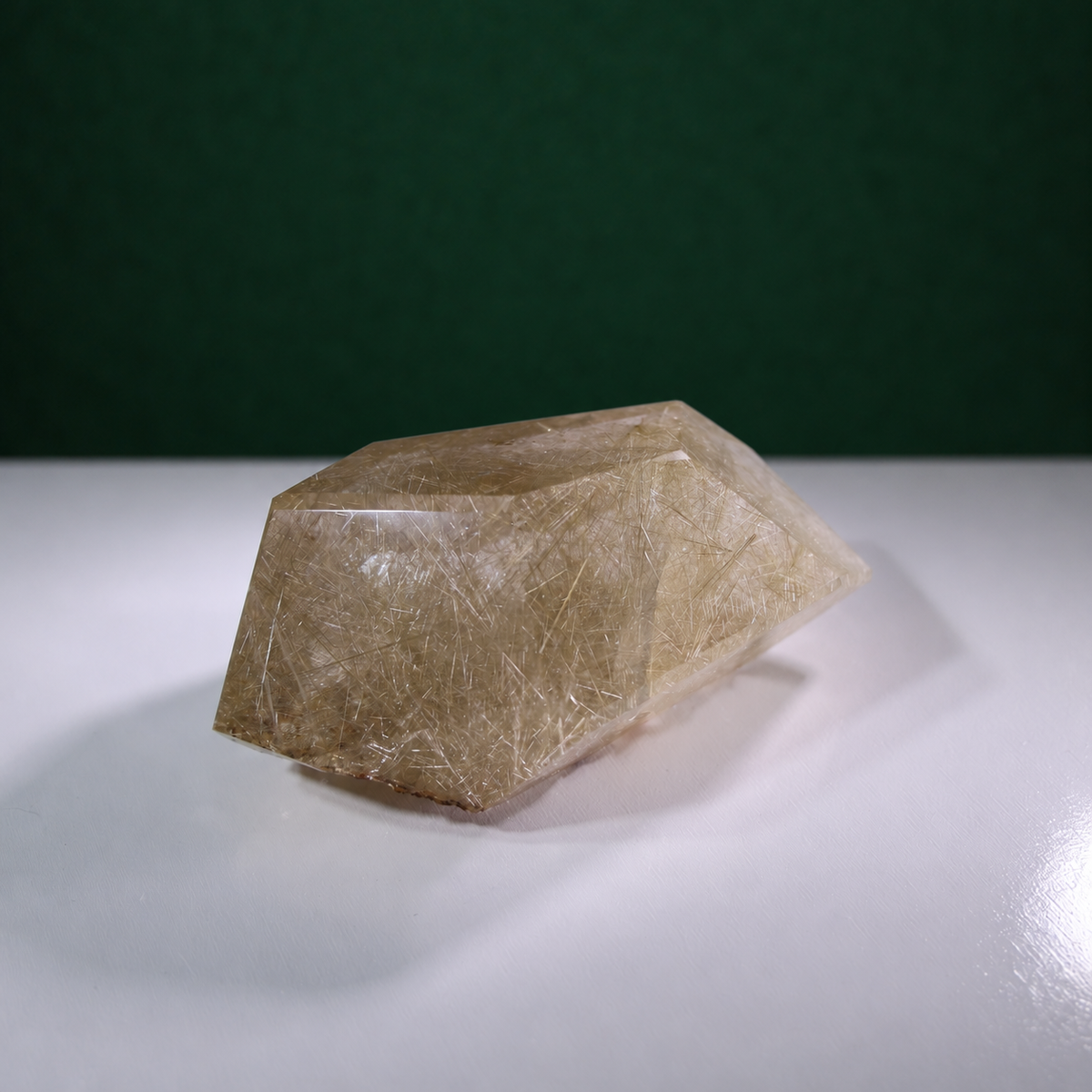 Polished rutilated quartz freeform, 1.258 kg, alternate view 6 showing natural rutile inclusions.