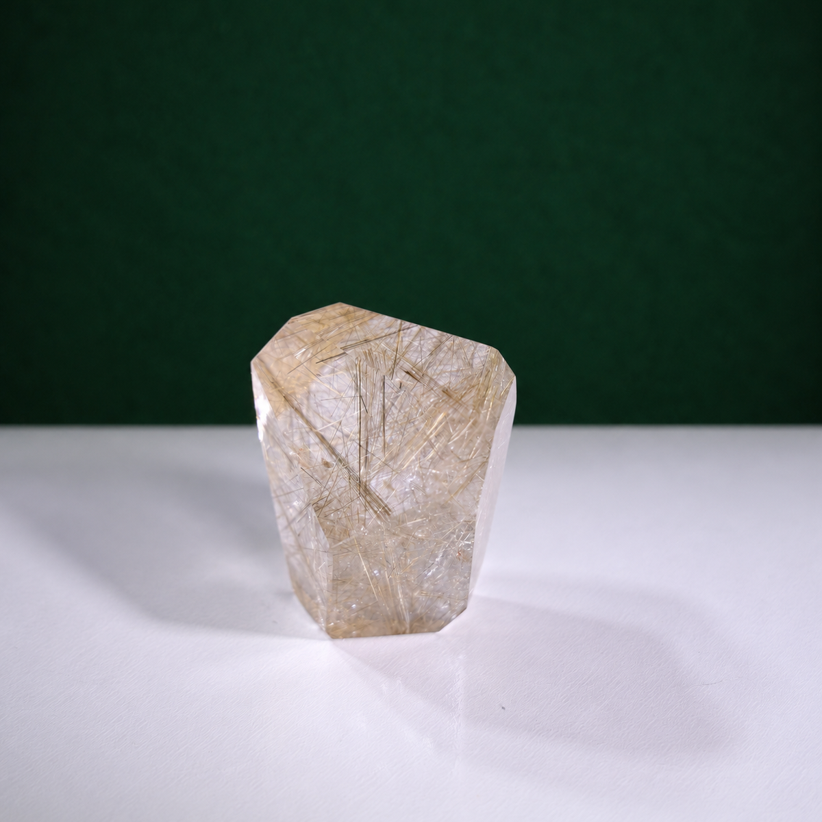 Polished rutilated quartz freeform, 223 g, alternate view 6 showing natural rutile inclusions.