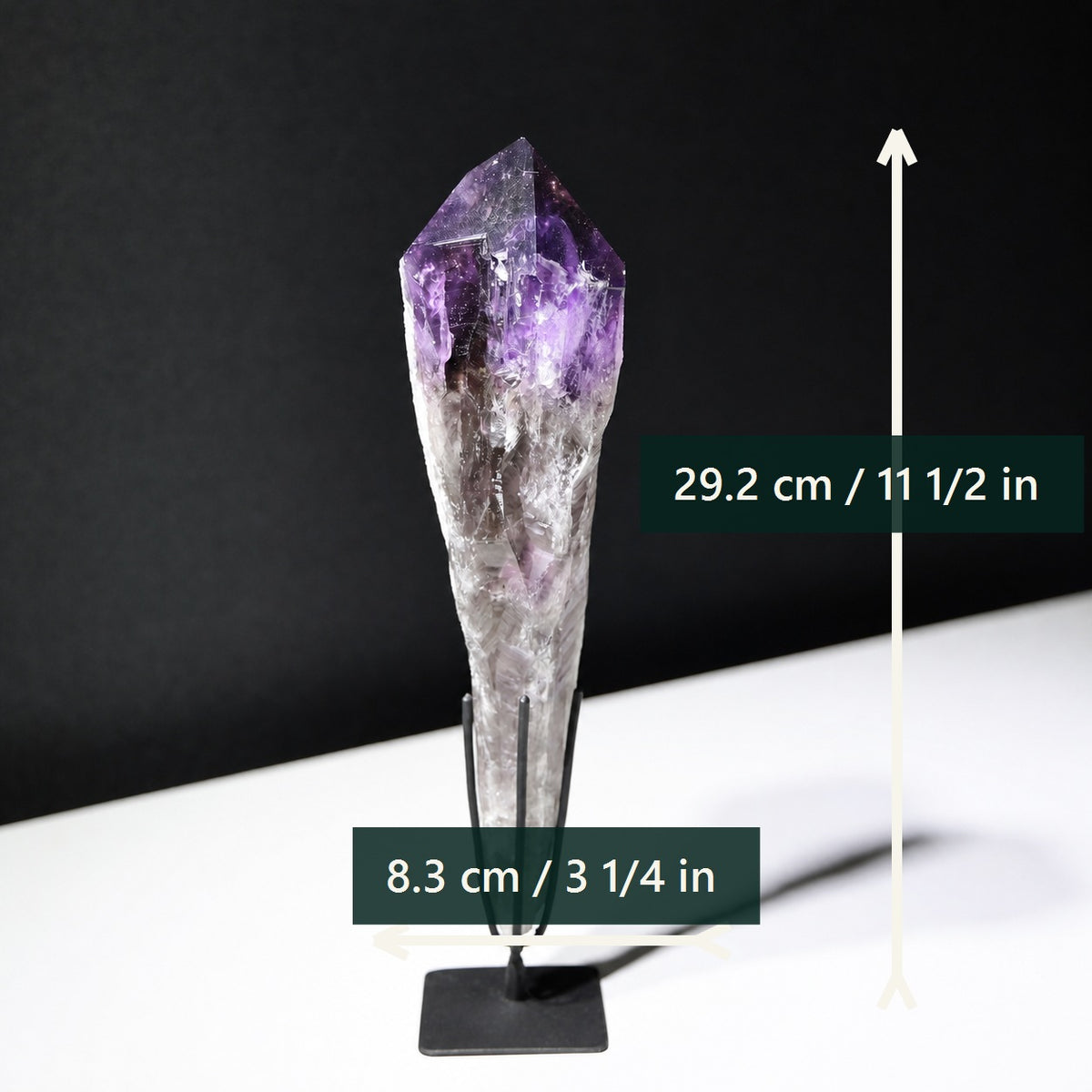 Sculptural amethyst wand dimensions in inches and centimeters
