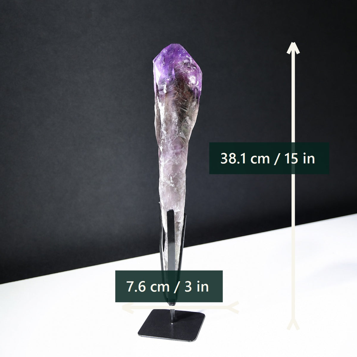 Slender amethyst point dimensions in inches and centimeters