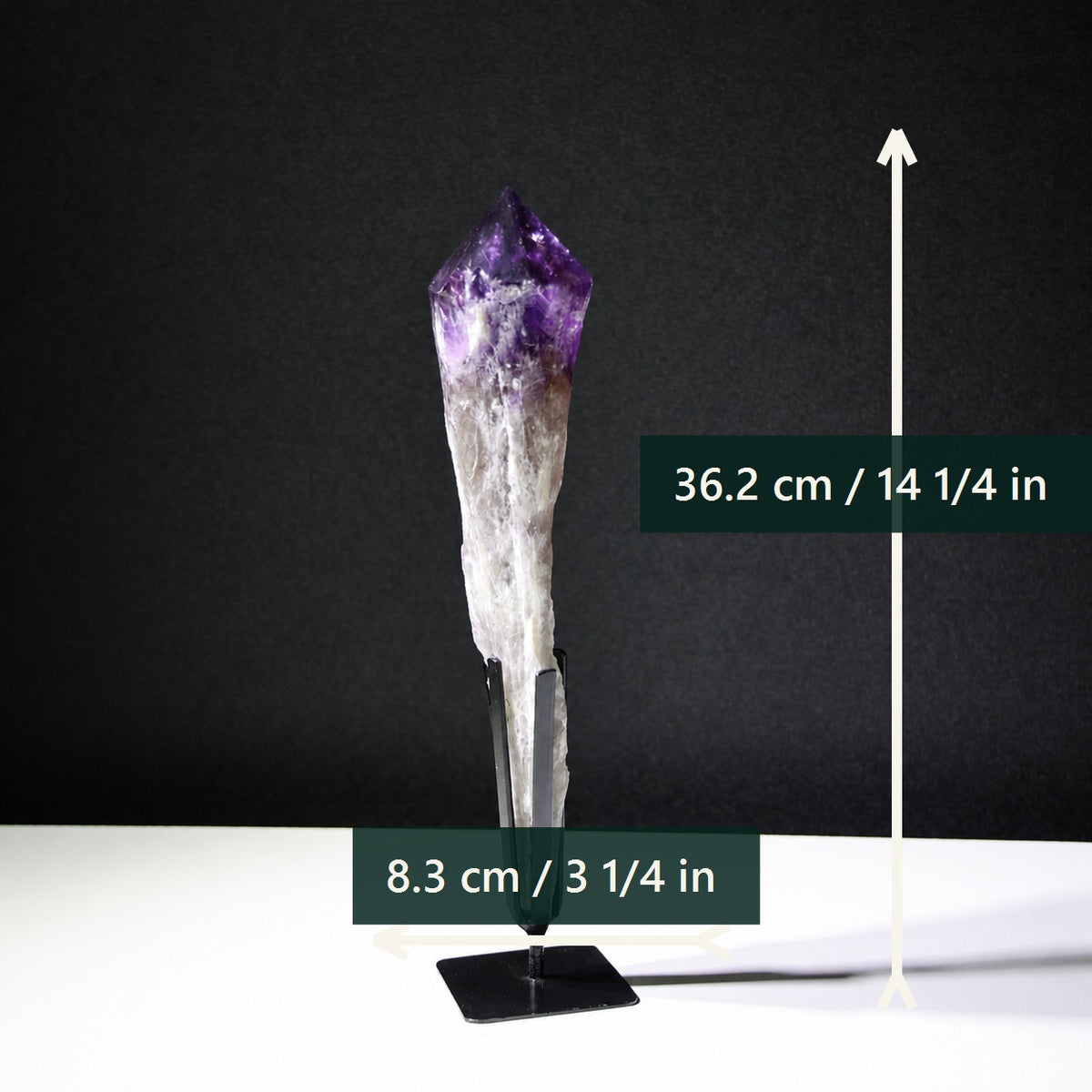 Deep violet amethyst wand dimensions in inches and centimeters