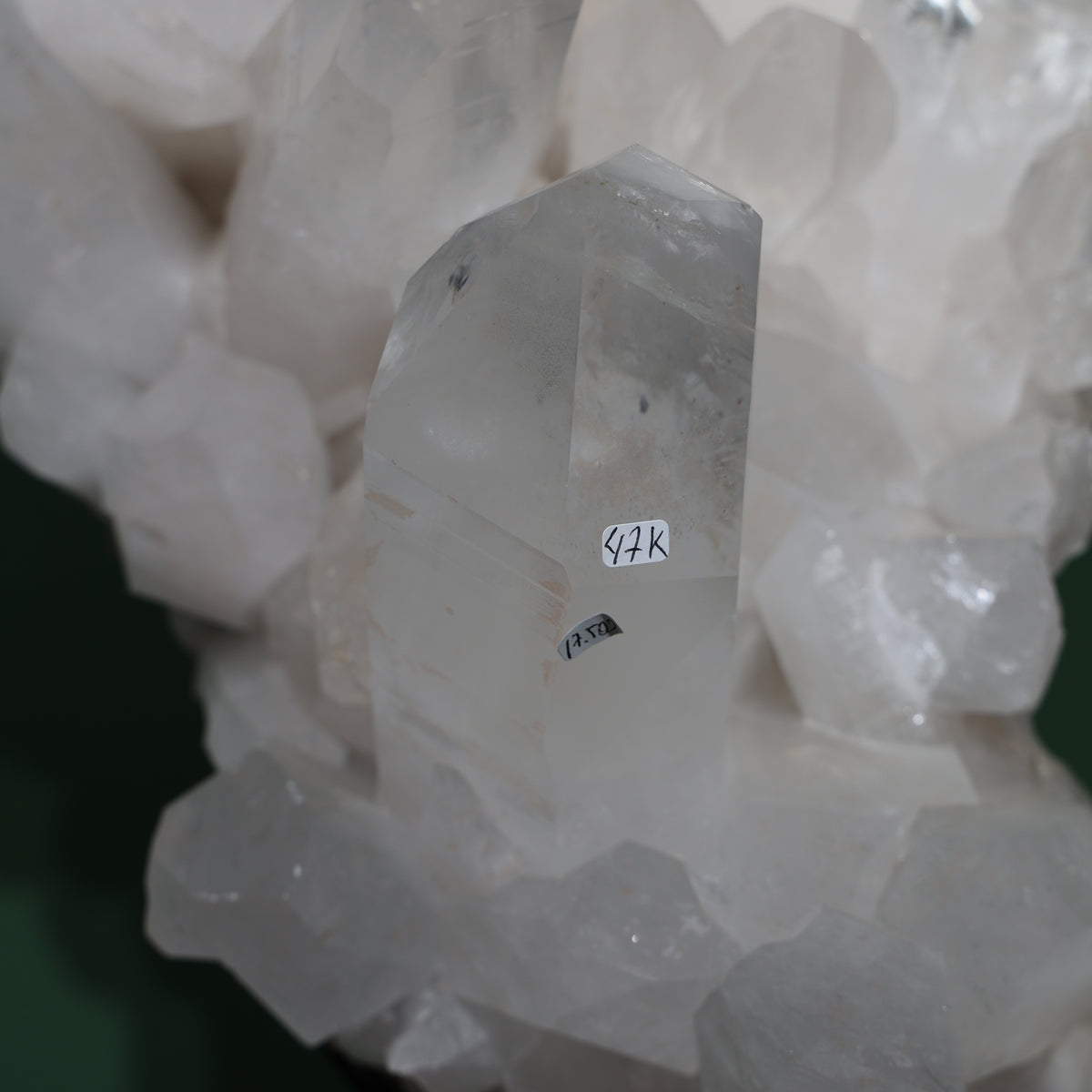Reverse view of the curved Lemurian quartz cluster and included display base