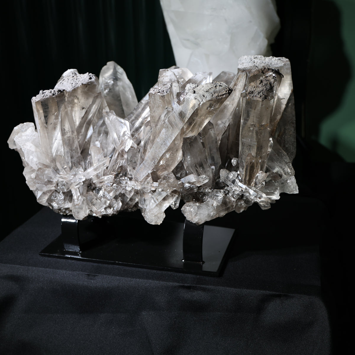 Close view of the exceptional transparency across the smoky quartz points