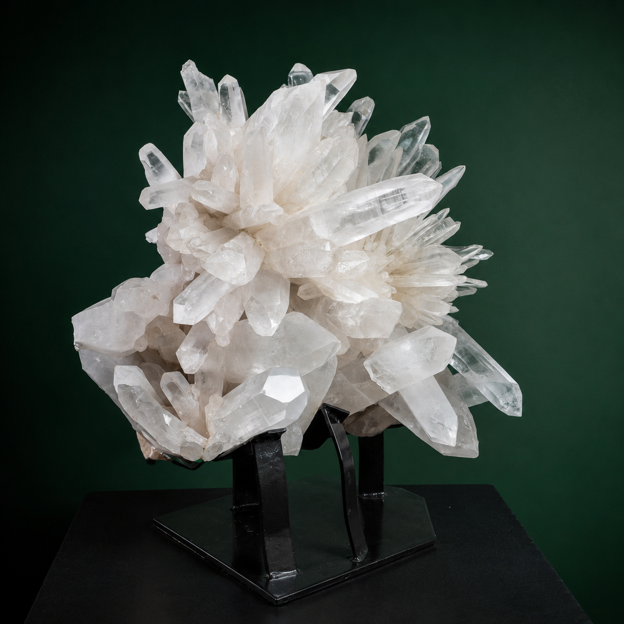 Flower-shaped Lemurian quartz cluster displayed on a black metal base