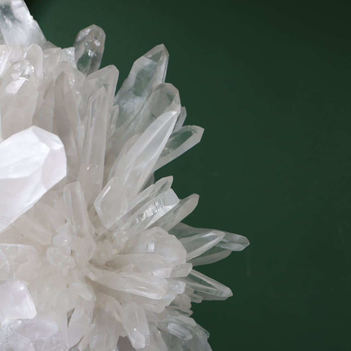 Close view of clear and milky Lemurian quartz points